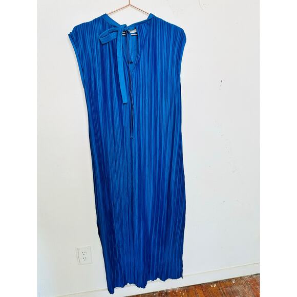 ATLEIN X RTR Navy Blue Plisse Tie Neck Sleeveless Side Slit Midi Dress Size M - Picture 9 of 16